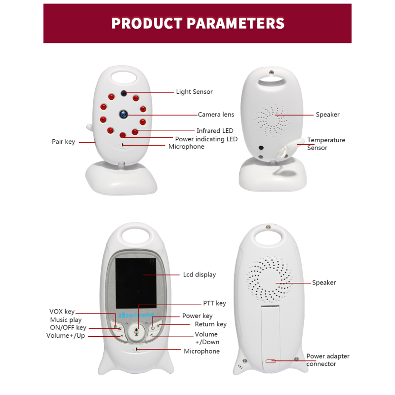 VB601 Monitor Video Wireless per Bambini 2.4G Telecamera di Sicurezza a Colori Comunicazione Bidirezionale Visione Notturna LED IR Monitoraggio della Temperatura Ninnananna Integrata