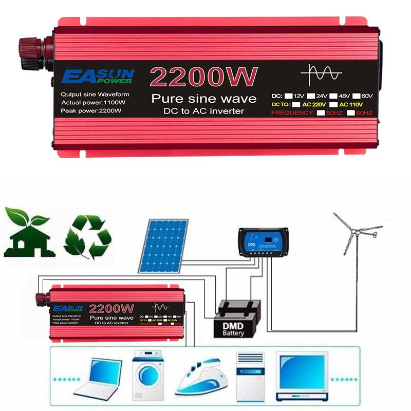Inverter a onda sinusoidale pura 3000W 2200W 1600W 1000W con rivestimento in lega di alluminio-magnesio Alta efficienza per alimentazione elettrodomestici ed elettronica sensibile Soluzione energetica