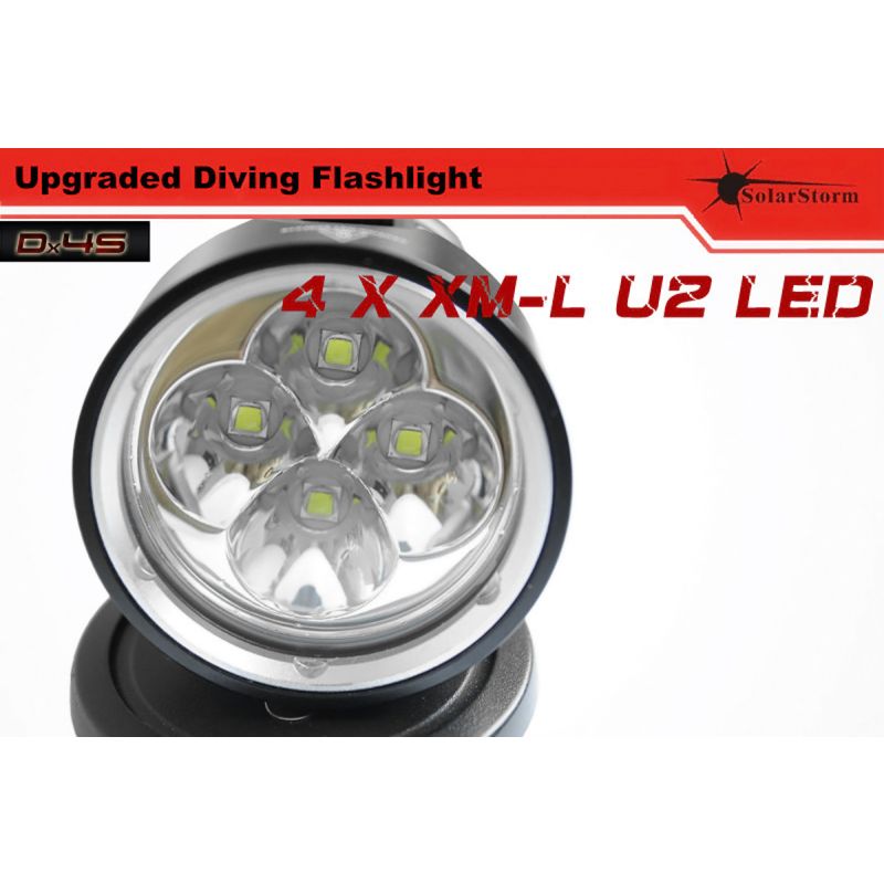 Scopri Solarstorm DX4S 4xU2 torcia LED da immersione 3200 lumen perfetta per esplorazioni sottomarine alluminio durevole torcia subacquea IPX8 compatibile con batterie litio