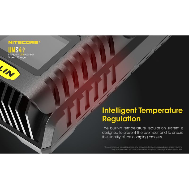 Scopri Nitecore UMS4 caricabatterie intelligente quattro slot USB-C ricarica rapida per batterie 18650 21700 26650 design compatto per appassionati e avventure all'aperto