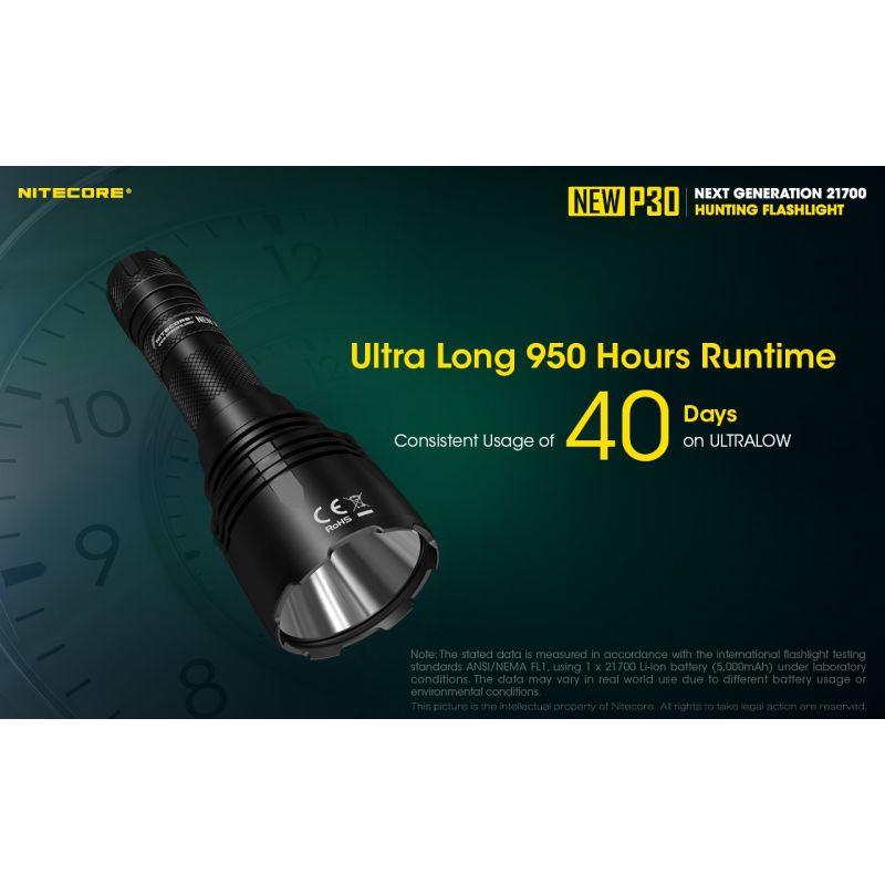 Scopri la torcia LED Nitecore P30 XP-L HI V3 ad alte prestazioni 1000 lumen fascio 618 metri ideale per emergenze outdoor e attività di ricerca con design resistente e multi-modalità