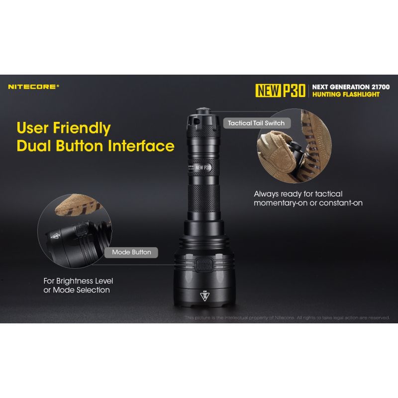 Scopri la torcia LED Nitecore P30 XP-L HI V3 ad alte prestazioni 1000 lumen fascio 618 metri ideale per emergenze outdoor e attività di ricerca con design resistente e multi-modalità