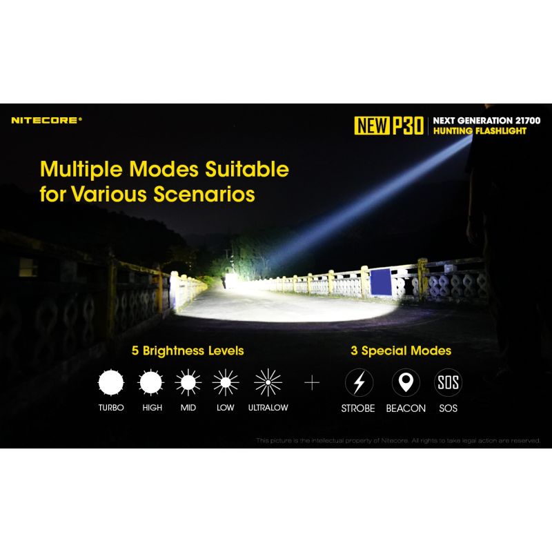 Scopri la torcia LED Nitecore P30 XP-L HI V3 ad alte prestazioni 1000 lumen fascio 618 metri ideale per emergenze outdoor e attività di ricerca con design resistente e multi-modalità