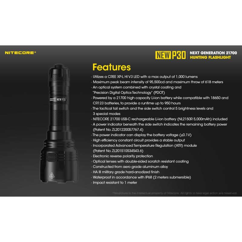 Scopri la torcia LED Nitecore P30 XP-L HI V3 ad alte prestazioni 1000 lumen fascio 618 metri ideale per emergenze outdoor e attività di ricerca con design resistente e multi-modalità