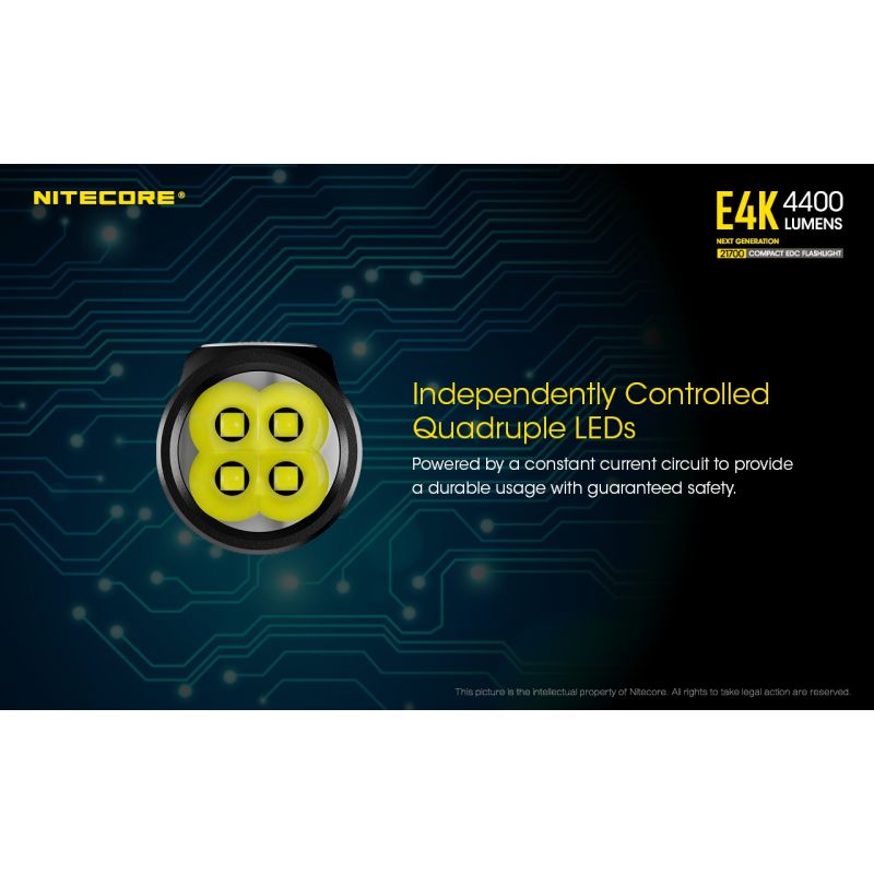 Nitecore E4K Torcia Elettrica 4400 Lumen Design Compatto e Impermeabile LED XP-L2 V6 con Batteria 21700 per Illuminazione Outdoor ed Escursionismo Resistente e Alta Luminosità