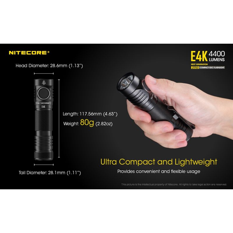 Nitecore E4K Torcia Elettrica 4400 Lumen Design Compatto e Impermeabile LED XP-L2 V6 con Batteria 21700 per Illuminazione Outdoor ed Escursionismo Resistente e Alta Luminosità