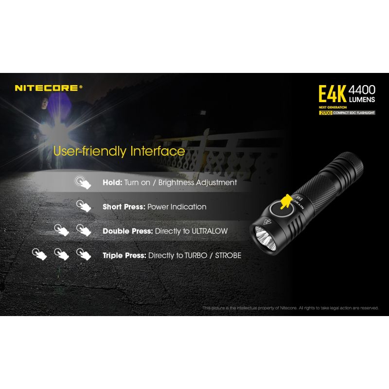 Nitecore E4K Torcia Elettrica 4400 Lumen Design Compatto e Impermeabile LED XP-L2 V6 con Batteria 21700 per Illuminazione Outdoor ed Escursionismo Resistente e Alta Luminosità