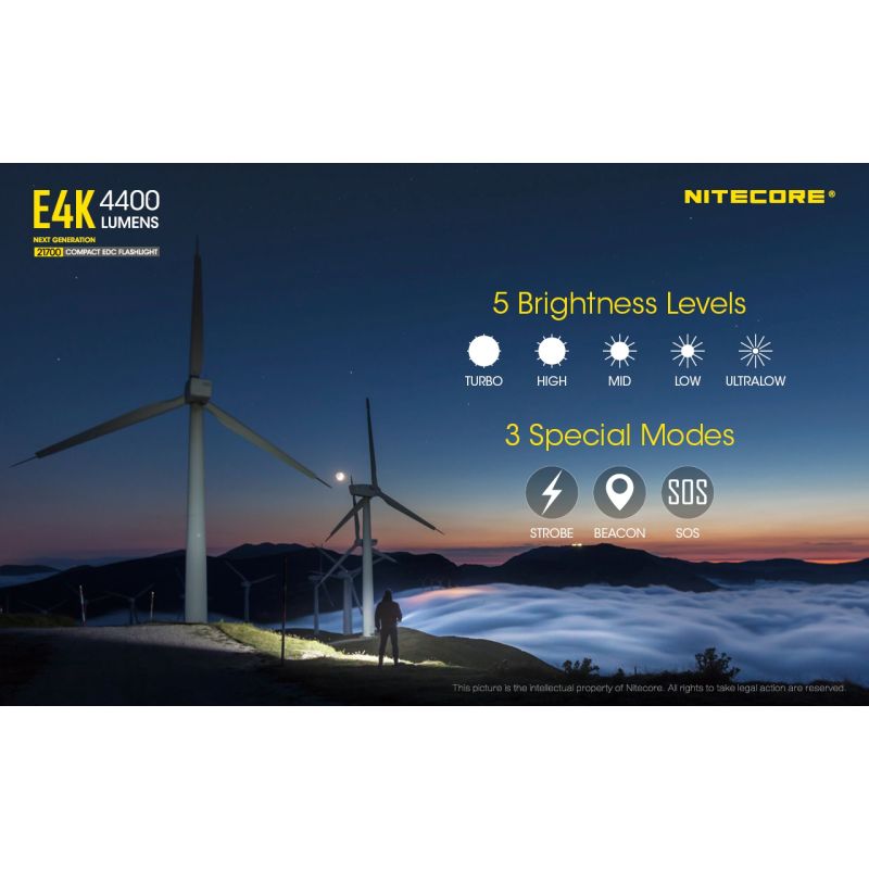Nitecore E4K Torcia Elettrica 4400 Lumen Design Compatto e Impermeabile LED XP-L2 V6 con Batteria 21700 per Illuminazione Outdoor ed Escursionismo Resistente e Alta Luminosità