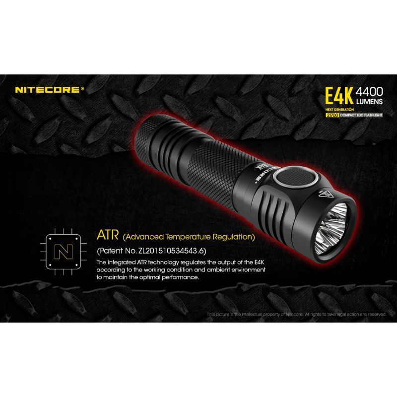 Nitecore E4K Torcia Elettrica 4400 Lumen Design Compatto e Impermeabile LED XP-L2 V6 con Batteria 21700 per Illuminazione Outdoor ed Escursionismo Resistente e Alta Luminosità