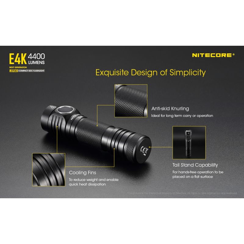 Nitecore E4K Torcia Elettrica 4400 Lumen Design Compatto e Impermeabile LED XP-L2 V6 con Batteria 21700 per Illuminazione Outdoor ed Escursionismo Resistente e Alta Luminosità