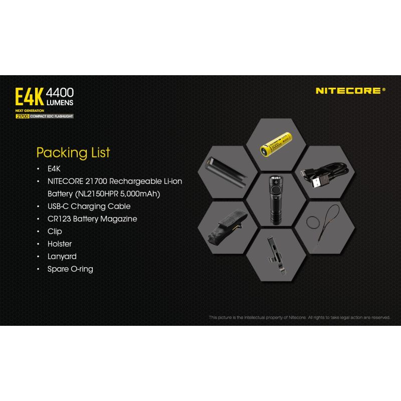 Nitecore E4K Torcia Elettrica 4400 Lumen Design Compatto e Impermeabile LED XP-L2 V6 con Batteria 21700 per Illuminazione Outdoor ed Escursionismo Resistente e Alta Luminosità