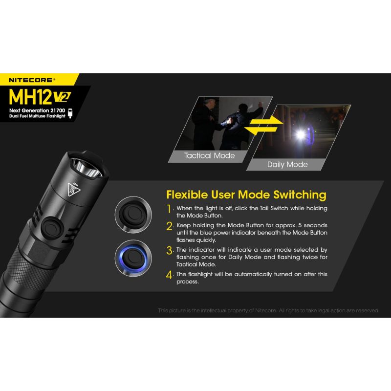 Nitecore MH12 V2 torcia LED 1200 lumen batteria 21700 torcia ad alte prestazioni illuminazione outdoor torcia d'emergenza con opzioni di alimentazione versatili e lunga autonomia