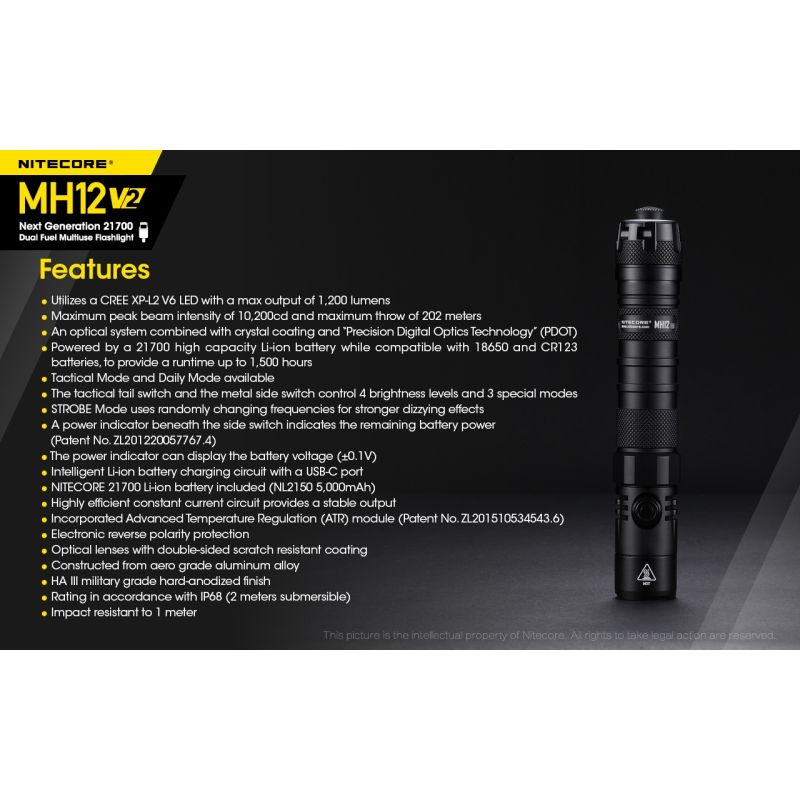 Nitecore MH12 V2 torcia LED 1200 lumen batteria 21700 torcia ad alte prestazioni illuminazione outdoor torcia d'emergenza con opzioni di alimentazione versatili e lunga autonomia