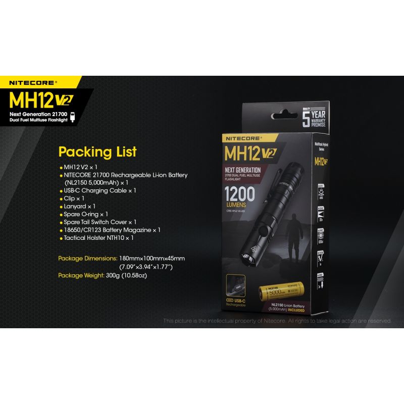 Nitecore MH12 V2 torcia LED 1200 lumen batteria 21700 torcia ad alte prestazioni illuminazione outdoor torcia d'emergenza con opzioni di alimentazione versatili e lunga autonomia