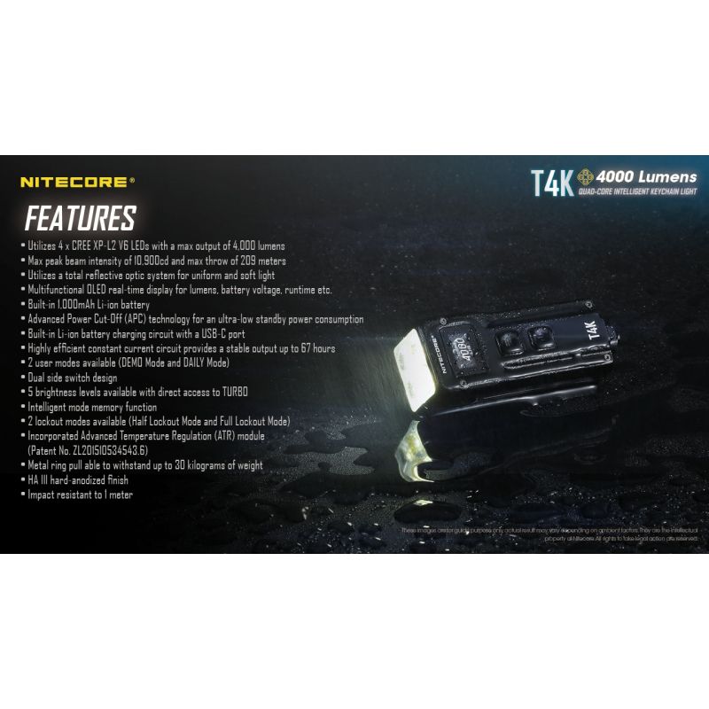 Nitecore T4K torcia portachiavi 4000 lumen LED XP-L2 V6 ricarica USB-C torcia portatile illuminazione affidabile ideale per escursioni torcia compatta per avventure quotidiane