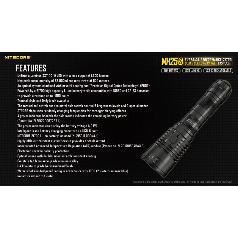 Nitecore MH25S torcia ricaricabile USB-C con Luminus SST-40 1800 lumen alta luminosità e prestazioni a lungo raggio per avventure all'aperto design robusto e modalità luce multiple