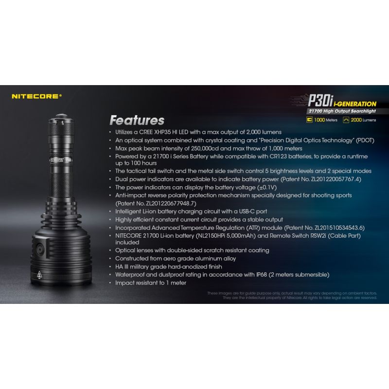 Nitecore P30i Torcia LED Tattica 2000 Lumen Fascio 1000 Metri Ideale per Illuminazione Outdoor Escursioni Notturne e Soccorso Tecnologia Ottica Avanzata Costruzione Robusta