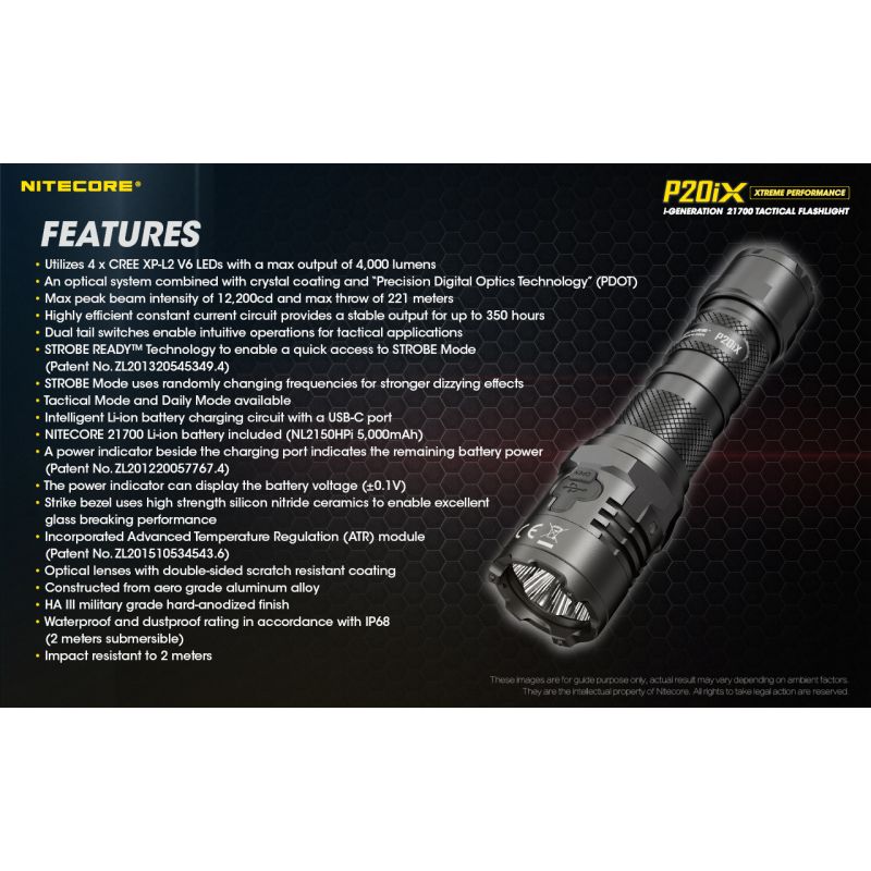 Nitecore P20iX Torcia Tattica 4000 Lumen con 4 x XP-L2 V6 LED USB-C Leggera per Emergenti e Outdoor Tecnologia Ottica di Precisione Modalità Stroboscopica