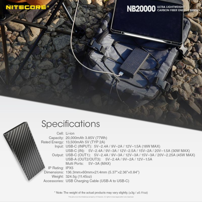 Nitecore NB20000 Power Bank 20000mAh QC Dual Port USB/USB-C Energia Mobile Veloce e Compatta Caricatore Smartphone e Gadget Outdoor Resistente Carica Multipla Leggero