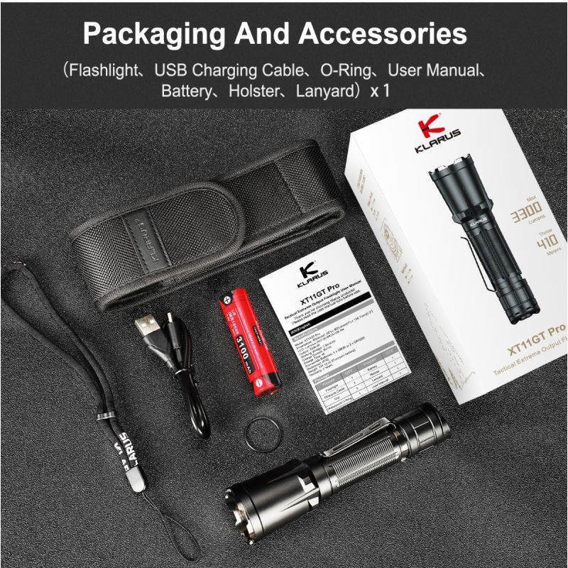 Scopri Klarus XT11GT PRO V2.0 torcia impermeabile da 3300 lumen ricaricabile USB-C ideale per outdoor ed emergenze design resistente con Luminus SST-70 illuminazione affidabile