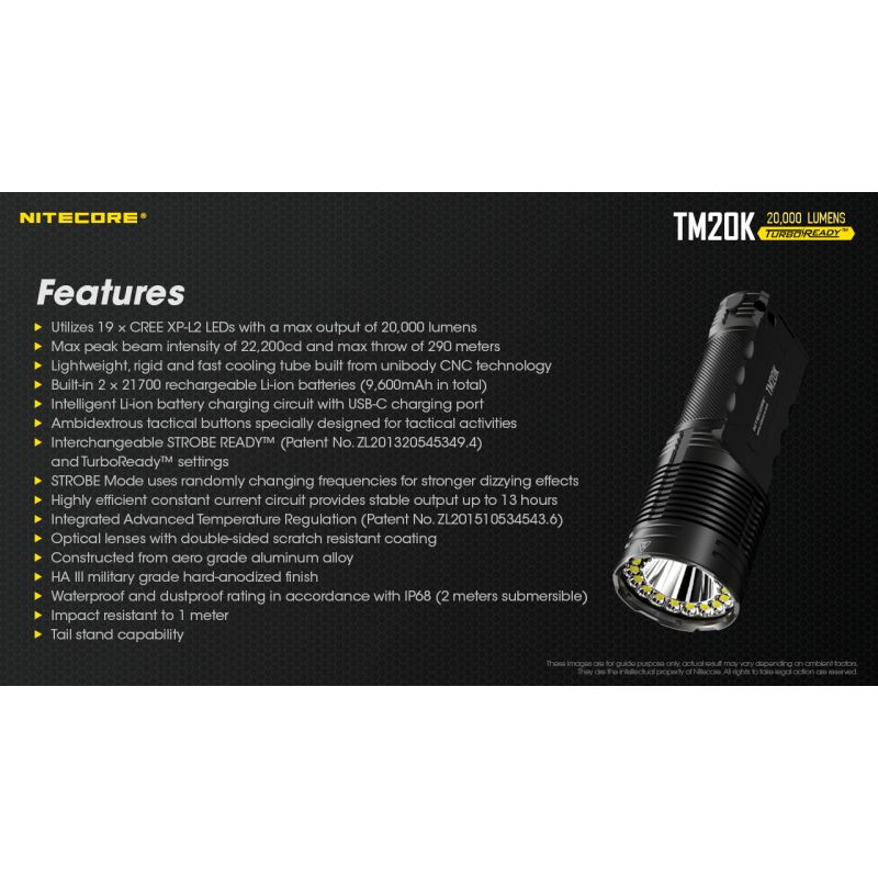Nitecore TM20K Torcia LED Ricaricabile USB-C 20000 Lumen Per Avventure Outdoor Torcia Robusta E Leggera Ideale Per Ricerca E Soccorso E Attrezzatura Da Campeggio