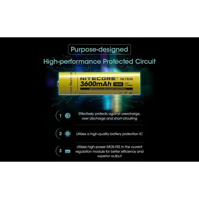 Nitecore 18650 NL1836 3600mAh Li-ion Batteria Ricaricabile per Torce | Alta Capacità