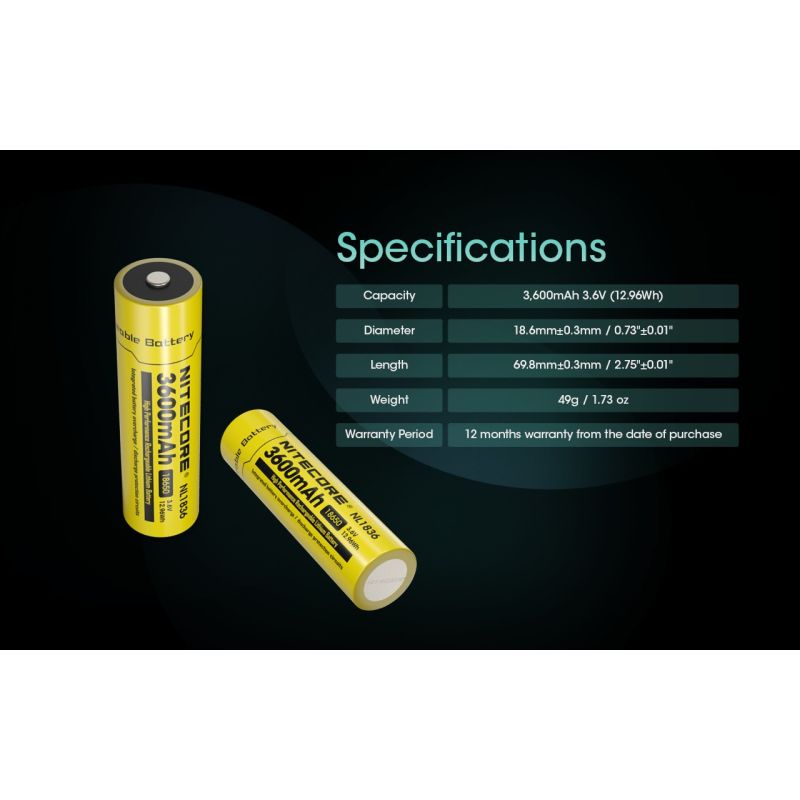 Nitecore 18650 NL1836 3600mAh Li-ion Batteria Ricaricabile per Torce | Alta Capacità