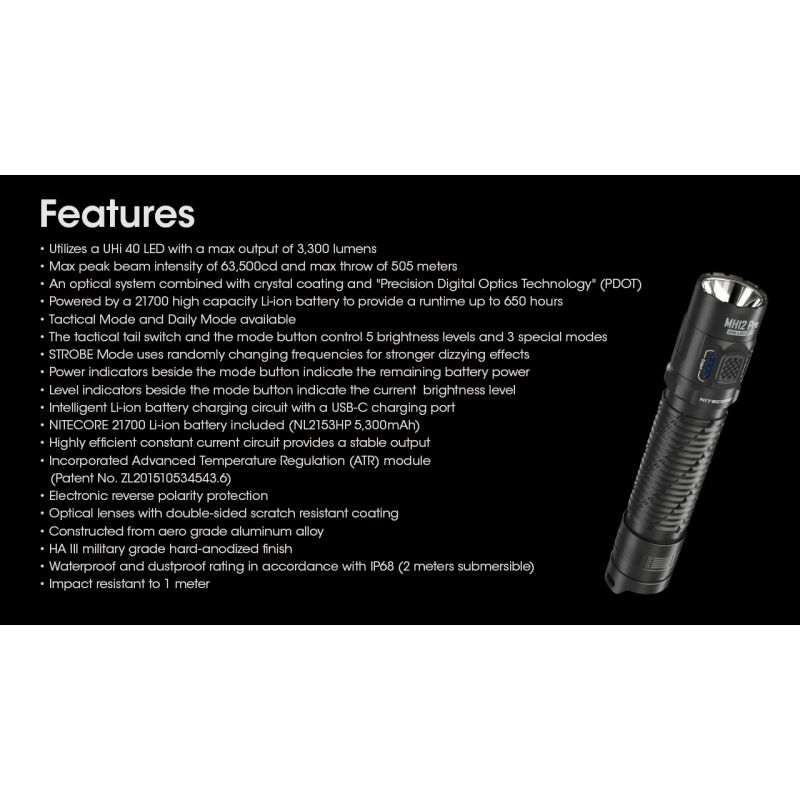 Torcia ricaricabile USB-C Nitecore MH12 Pro 3300 Lumen alta luminosità per avventure all'aperto distanza del raggio 505m escursioni notturne e preparazione per emergenze