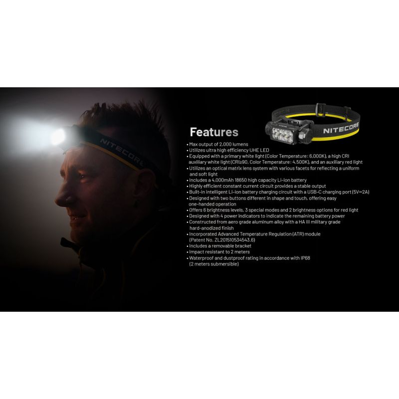 NITECORE HC65 UHE Lampada Frontale Ricaricabile USB-C 2000 Lumen per Illuminazione Outdoor Campeggio ed Escursionismo Lunga Durata Batteria e Design Leggero per Avventure
