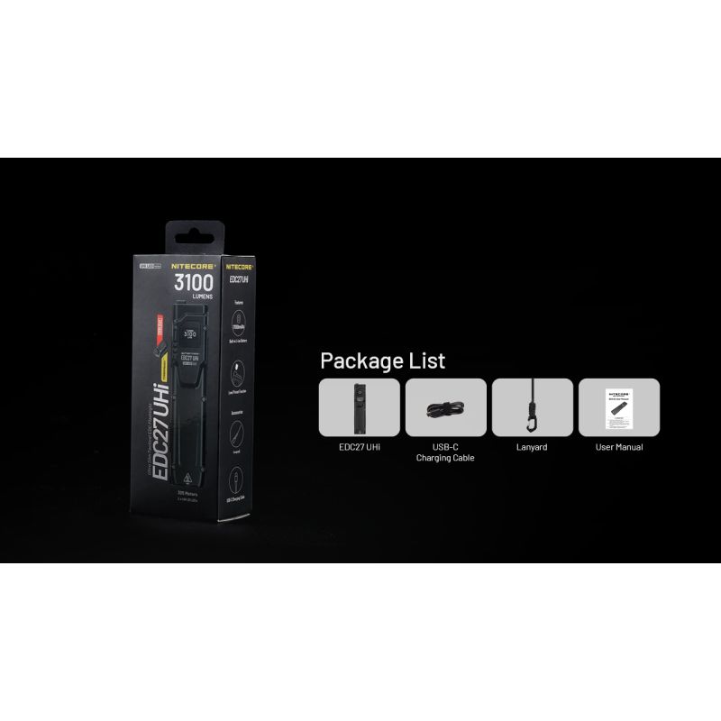 Torcia Ricaricabile USB-C NITECORE EDC27 UHi 3100 Lumen Alta Luminosità per Outdoor Torcia LED Compatta e Potente con Raggio di 305 Metri Ideale per Campeggio ed Emergenze