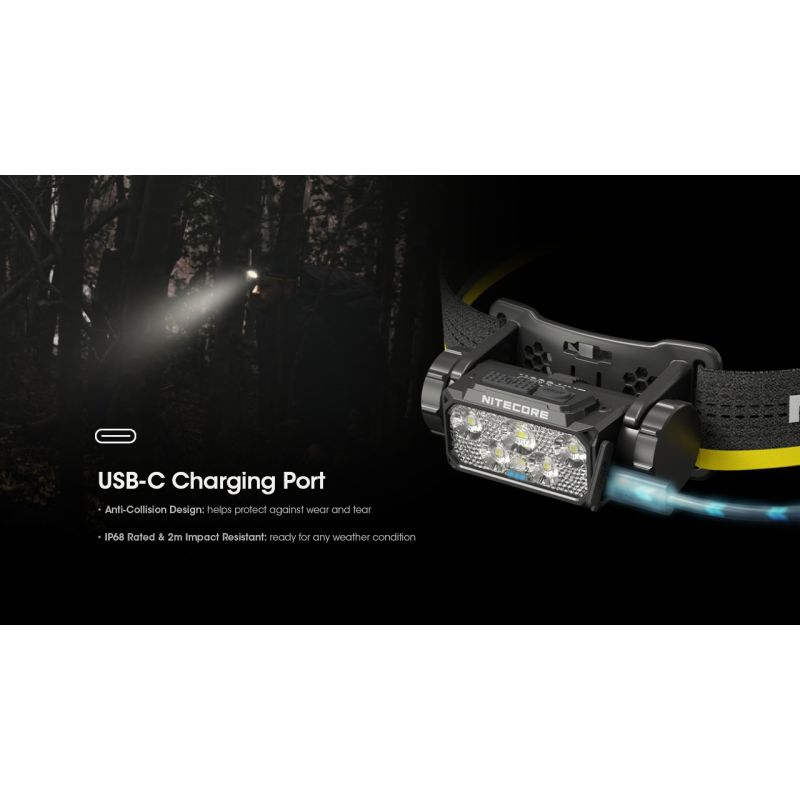 Scopri la Nitecore HC60 UHE lampada frontale ricaricabile 1600 lumen per campeggio ed escursionismo design robusto batteria di lunga autonomia per illuminazione outdoor di sicurezza e avventure