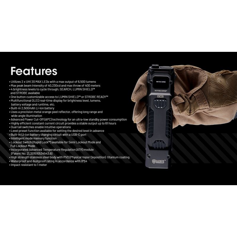 NITECORE EDC29 Torcia Portatile 6500 Lumen Ricaricabile USB-C con Visibilità a Lungo Raggio Livelli di Luminosità Regolabili per Avventure all'Aperto e Uso Urbano Affidabile e Versatile