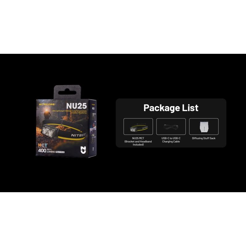 Lampada Frontale NITECORE NU25 MCT 400 Lumen ricaricabile USB-C luce rossa design compatto per appassionati di outdoor illuminazione versatile e visibilità ottimale