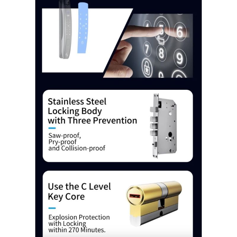 Scopri il 3D Face Smart Door Lock con telecamera di sicurezza e monitor impronta digitale per una sicurezza domestica intelligente e tecnologia avanzata con sei modi di sblocco