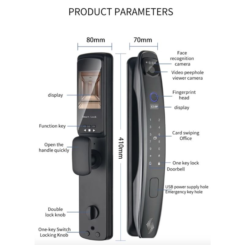 Scopri il 3D Face Smart Door Lock con telecamera di sicurezza e monitor impronta digitale per una sicurezza domestica intelligente e tecnologia avanzata con sei modi di sblocco