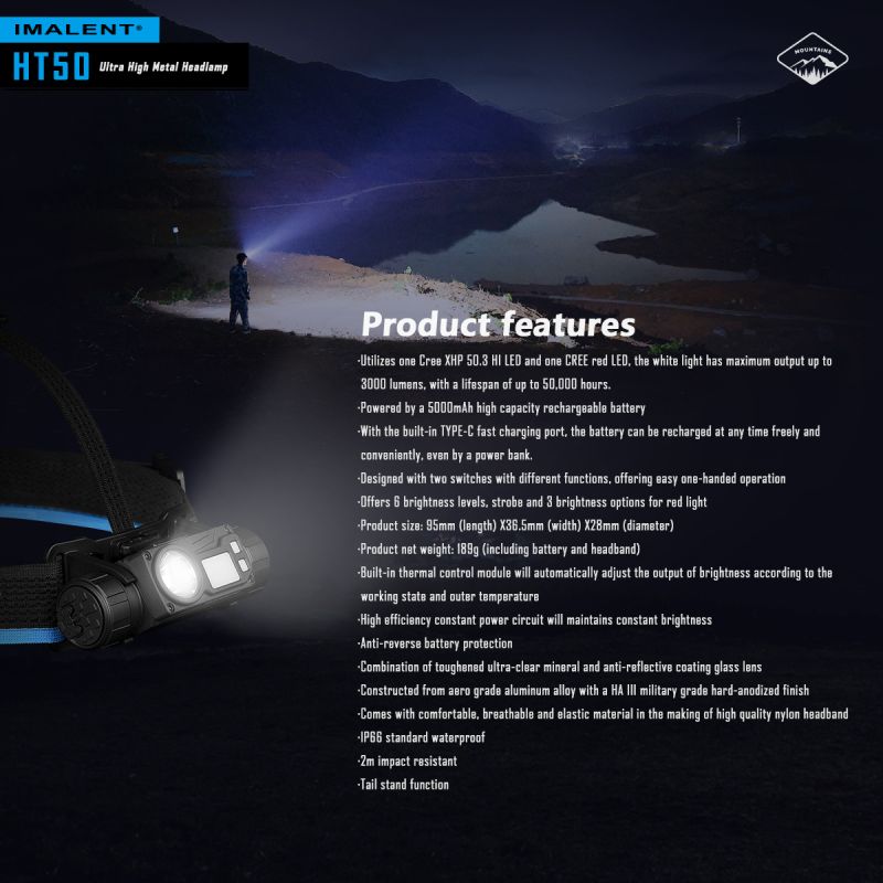 Imalent HT50 Faro luminoso per avventure con LED XHP50.3 HI doppie sorgenti luminose design leggero ideale per campeggio e uso esterno elevata luminosità e lunga durata batteria ricaricabile