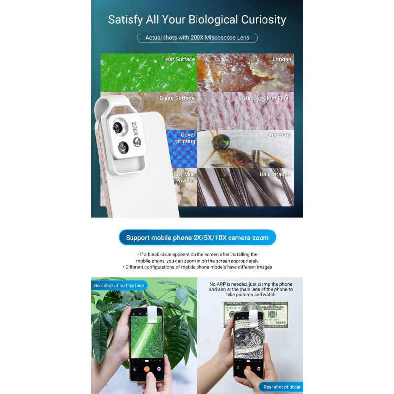 Lente per Microscopio APEXEL 200X per iPhone Samsung Smartphone Fotografia Mobile Ottiche Multistrato Complete Immagini ad Alta Definizione Esplorazione della Natura Dettagli Intuitivi