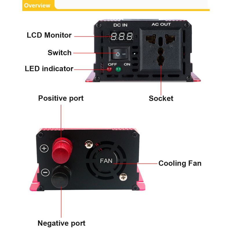 Inverter a onda sinusoidale pura 3000W 2200W 1600W 1000W con rivestimento in lega di alluminio-magnesio Alta efficienza per alimentazione elettrodomestici ed elettronica sensibile Soluzione energetica