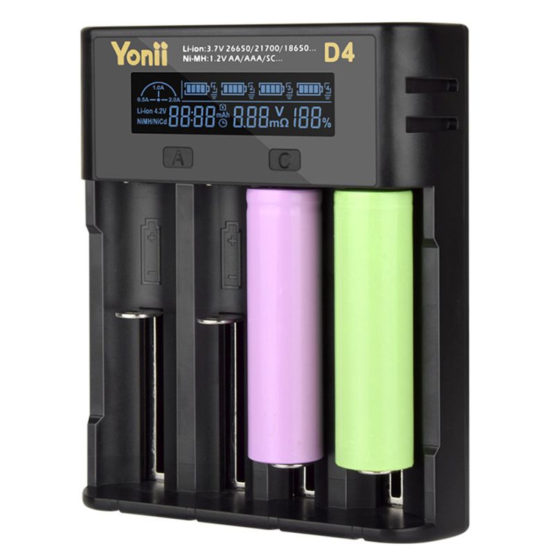 Caricabatteria YONII D4 LCD 4 Slot per 18650 21700 26650 Litio AA AAA Ni-mh - Universale!