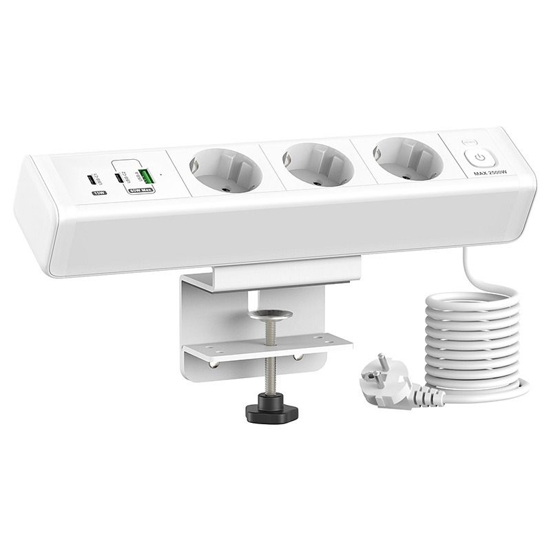 Multipresa da Scrivania con Morsetto, Stazione Ricarica Rapida USB-C 65W, Prese EU, Protezione Sovraccarico, Ufficio Moderno