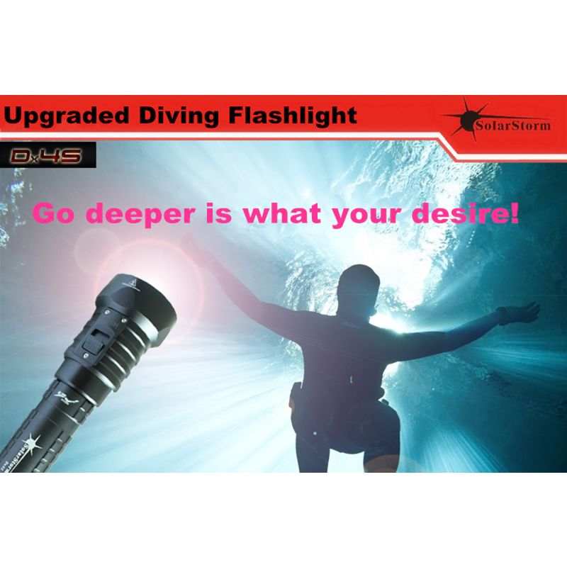 Scopri Solarstorm DX4S 4xU2 torcia LED da immersione 3200 lumen perfetta per esplorazioni sottomarine alluminio durevole torcia subacquea IPX8 compatibile con batterie litio