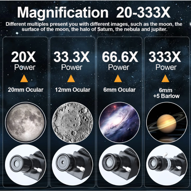 Telescopio Astronomico Professionale Bossdun 333X per Bambini Scoprire l'Universo Ingrandimento 333X Osservazione della Luna e delle Stelle Costruzione in Metallo Resistente