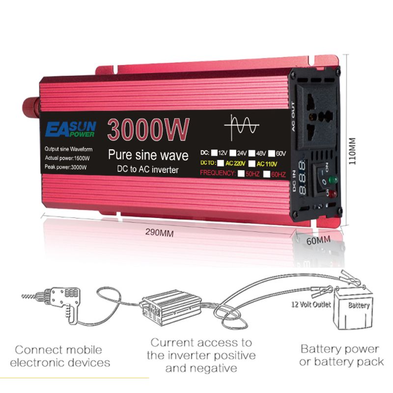 Inverter a onda sinusoidale pura 3000W 2200W 1600W 1000W con rivestimento in lega di alluminio-magnesio Alta efficienza per alimentazione elettrodomestici ed elettronica sensibile Soluzione energetica