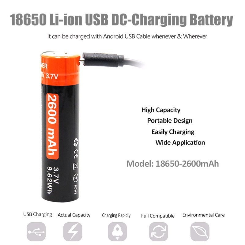 Batteria Ricaricabile 18650 2600mAh 3.7V Micro USB Fonte di Energia Portatile Alta Densità Energetica per Dispositivi Elettronici Lunga Durata Materiali di Qualità Prestazioni Affidabili