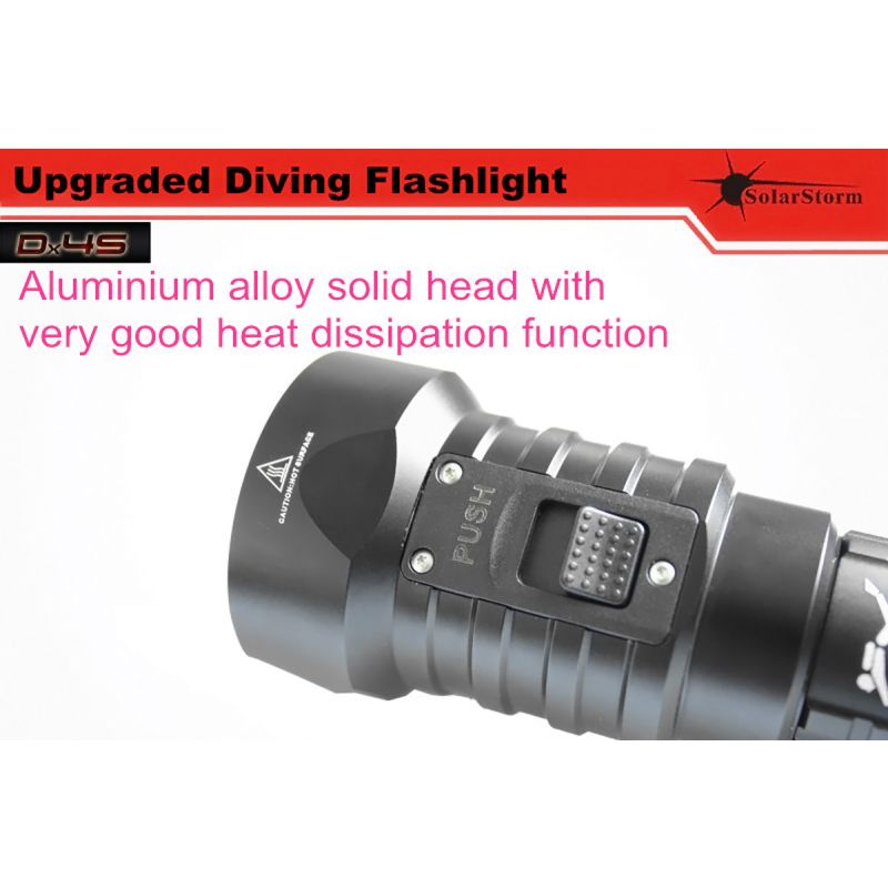 Scopri Solarstorm DX4S 4xU2 torcia LED da immersione 3200 lumen perfetta per esplorazioni sottomarine alluminio durevole torcia subacquea IPX8 compatibile con batterie litio