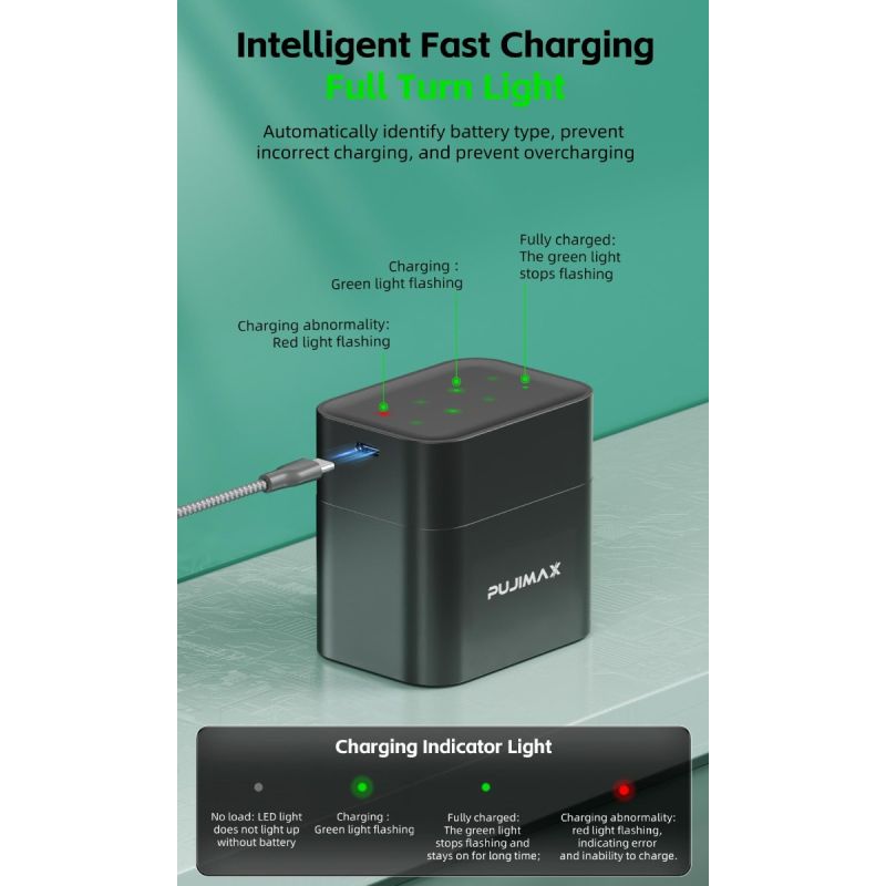Caricabatterie 8 slot con scomparto intelligente a flip top e porta tipo-C per batterie al litio AA 3400mWh soluzione di ricarica efficiente per ricarica simultanea e ad alta capacità
