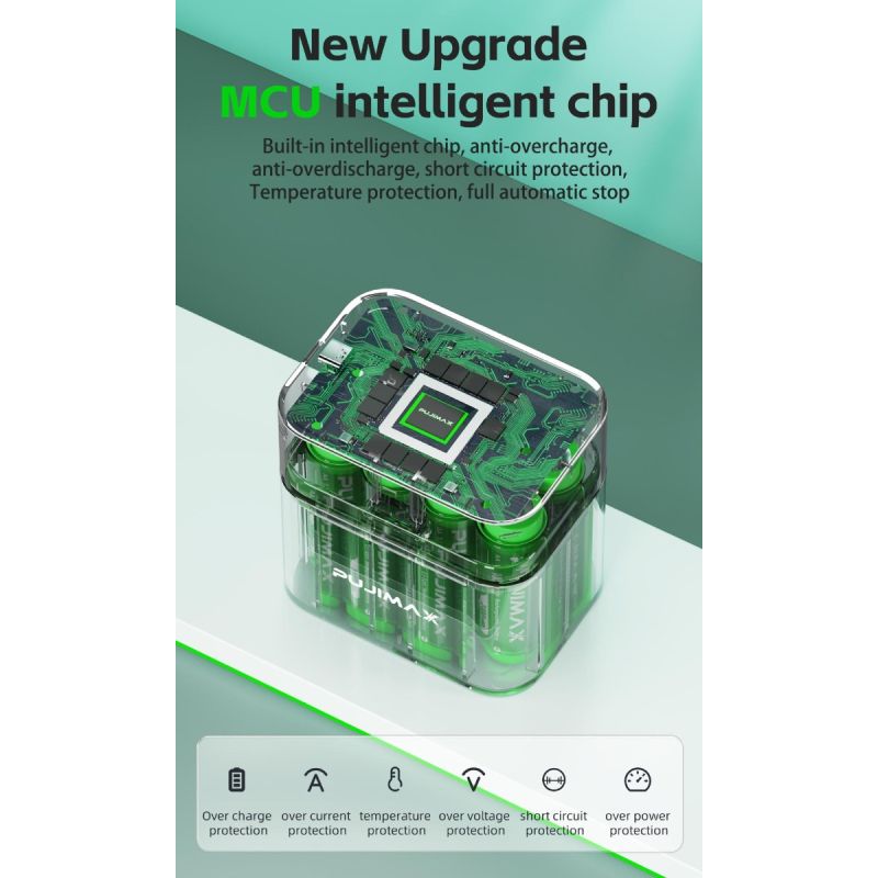 Caricabatterie 8 slot con scomparto intelligente a flip top e porta tipo-C per batterie al litio AA 3400mWh soluzione di ricarica efficiente per ricarica simultanea e ad alta capacità