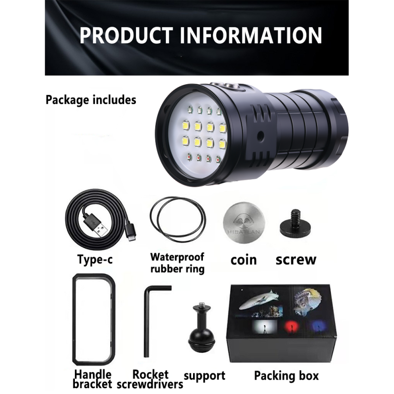 Torcia Subacquea C16 Lampada LED per Immersione 100M Impermeabile Illuminazione Multicolore con Ricarica Tipo-C Ideale per Fotografia Subacquea ed Avventure Marine