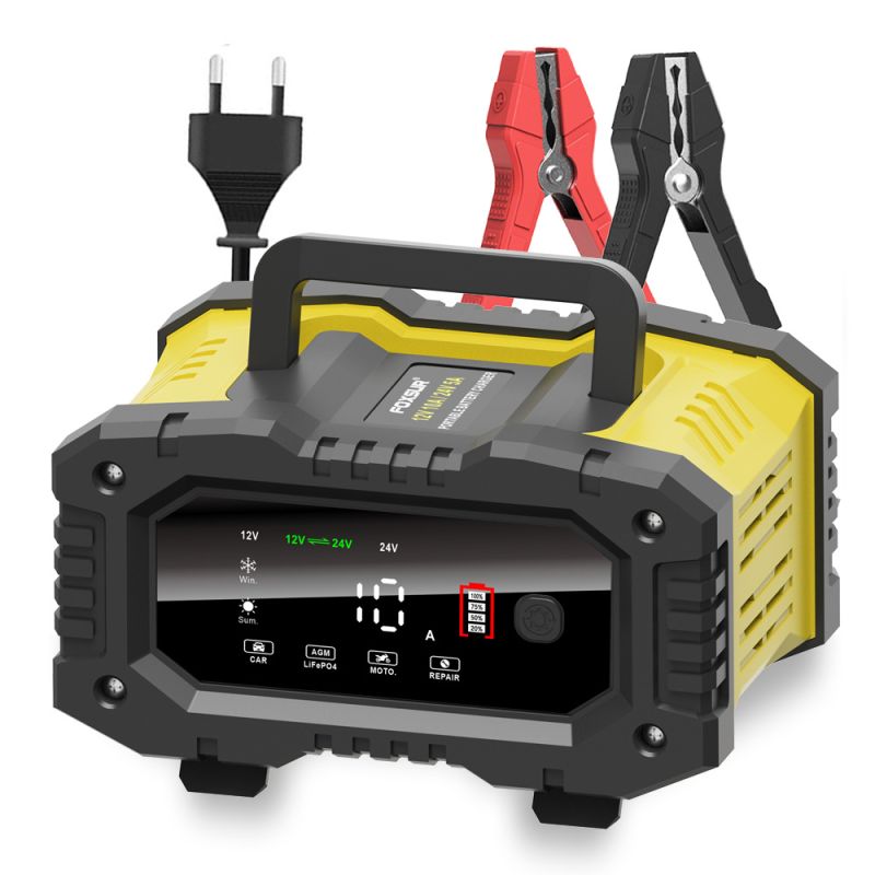 FOXSUR Caricabatteria portatile 12V 24V per auto moto camion compatibile AGM LiFePO4 e batterie al piombo carica automatica a 7 fasi per una salute ottimale delle batterie