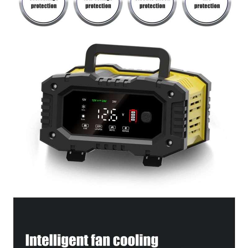 FOXSUR Caricabatteria portatile 12V 24V per auto moto camion compatibile AGM LiFePO4 e batterie al piombo carica automatica a 7 fasi per una salute ottimale delle batterie